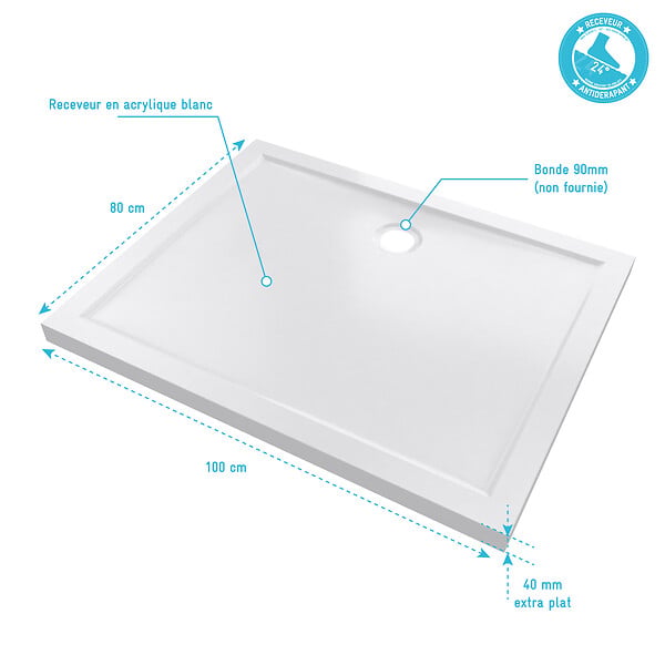 AURLANE - RECEVEUR DE DOUCHE A POSER EXTRA-PLAT EN ACRYLIQUE BLANC RECTANGLE - 100x80cm - BAC DE DOUCHE - large
