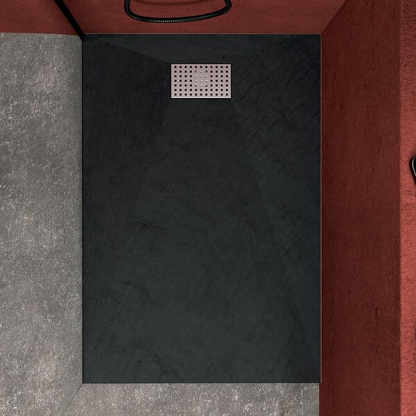 AURLANE - Receveur de douche Noir Effet Pierre 90x140 cm et Grille décor Perforée en Inox - large