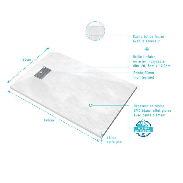 AURLANE - Receveur de douche Blanc Effet Pierre 90x140 cm et Grille décor Linéaire en Inox - large