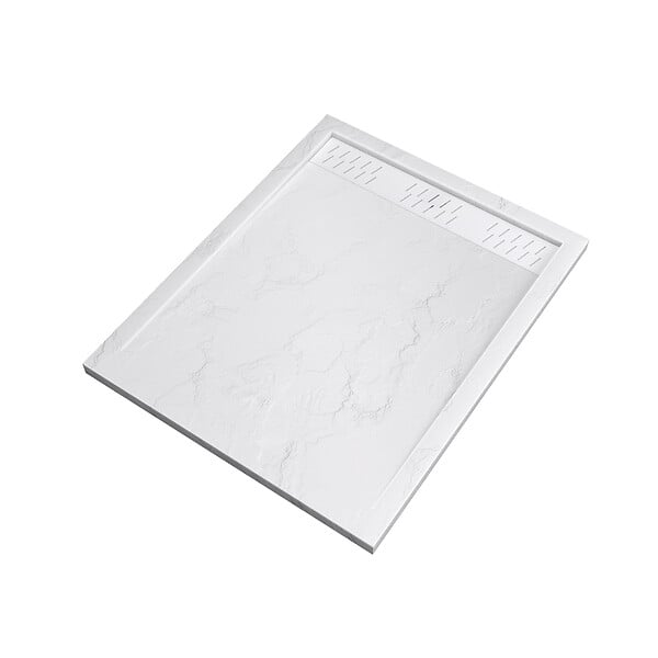 AURLANE - Receveur en acrylique Blanc Effet Pierre 80x100x4 cm + Grilles Linéaires Chrome et Blanche Mate - large