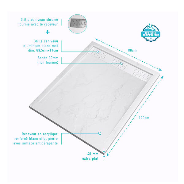 AURLANE - Receveur en acrylique Blanc Effet Pierre 80x100x4 cm + Grilles Linéaires Chrome et Blanche Mate - large