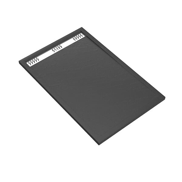 AURLANE - Receveur en acrylique Gris Effet Pierre 90x140x5 cm - Grille Linéaire Chrome - METEORA - large