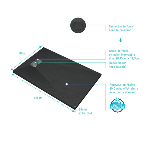 AURLANE - Receveur de douche Noir Effet Pierre 80x120 cm et Grille décor Perforée en Inox - large