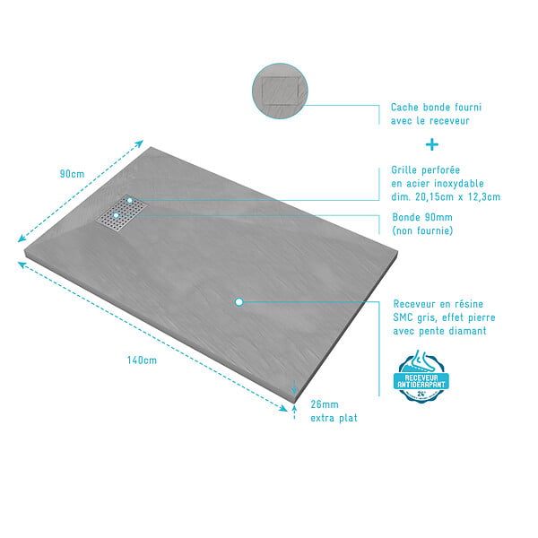 AURLANE - Receveur de douche Gris Effet Pierre 90x140 cm et Grille décor Perforée en Inox - large