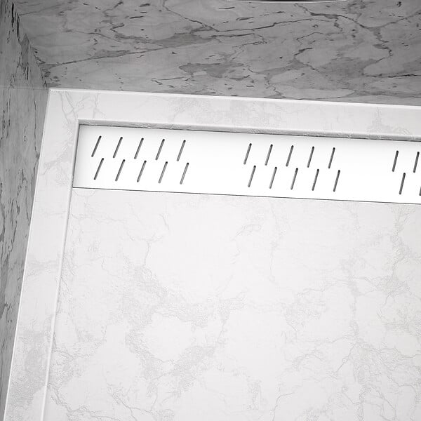 AURLANE - Receveur en acrylique Blanc Effet Pierre 90x120x4 cm + Grilles Linéaires Chrome et Blanche Mate - large