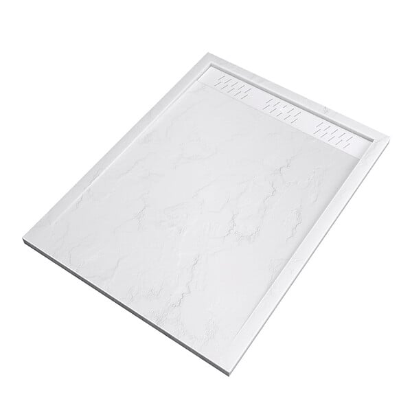 AURLANE - Receveur en acrylique Blanc Effet Pierre 90x120x4 cm + Grilles Linéaires Chrome et Blanche Mate - large