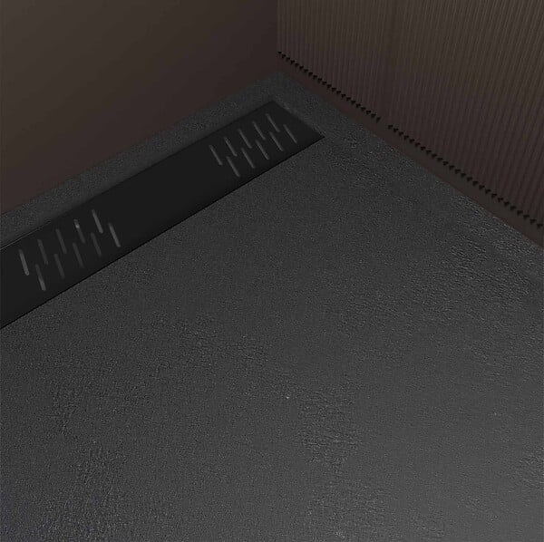 AURLANE - Receveur de douche en résine noir 90x120x3 cm effet pierre granit + grille linéaire noire mate - large