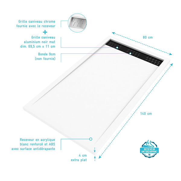 AURLANE - Receveur en acrylique Blanc 80x140x5 cm + Grilles Linéaires Chrome et Noire - WHITENESS II - large