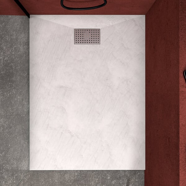 AURLANE - Receveur de douche Blanc Effet Pierre 90x120 cm et Grille décor Perforée en Inox - large