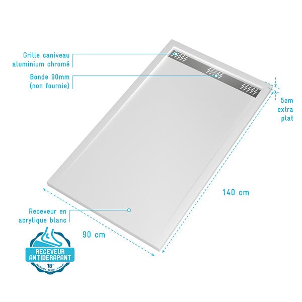AURLANE - Receveur en acrylique Blanc 90x140x5 cm - Grille Linéaire Chrome - WHITENESS II - large