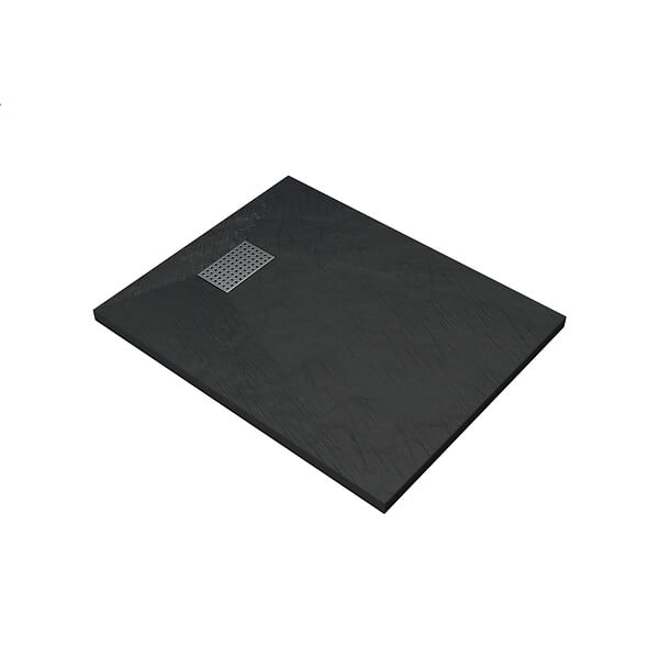 AURLANE - Receveur de douche Noir Effet Pierre 80x100 cm et Grille décor Perforée en Inox - large