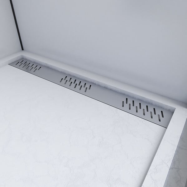 AURLANE - Receveur en acrylique Blanc Effet Pierre 80x80x4 cm - Grille Linéaire Chrome - MOON - large