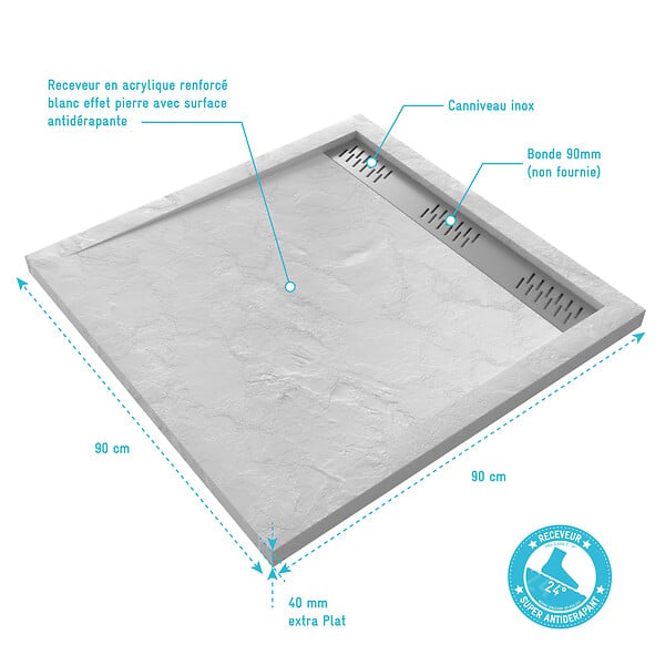 AURLANE - Receveur en acrylique Blanc Effet Pierre 90x90x4 cm - Grille Linéaire Chrome - MOON - large