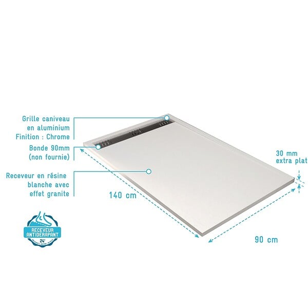 AURLANE - Receveur de douche en résine blanc 90x140x3 cm effet pierre granit + grille linéaire Chrome - large