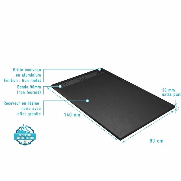 AURLANE - Receveur de douche en résine noir 90x140x3 cm effet pierre granit + grille linéaire gun metal - large