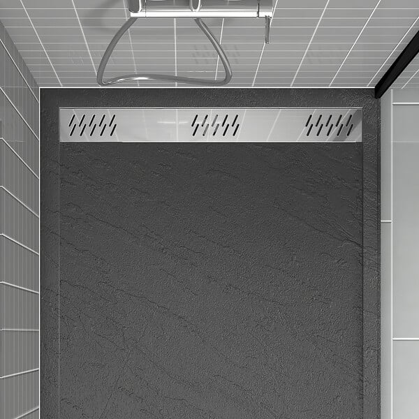 AURLANE - Receveur en acrylique Gris Effet Pierre 80x140x5 cm - Grille Linéaire Chrome - METEORA - large