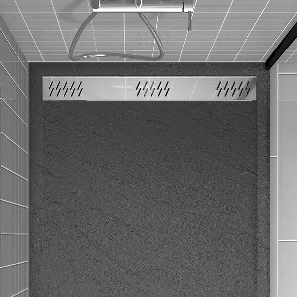 AURLANE - Receveur en acrylique Gris Effet Pierre 80x100x4 cm - Grille Linéaire Chrome - METEORA - large