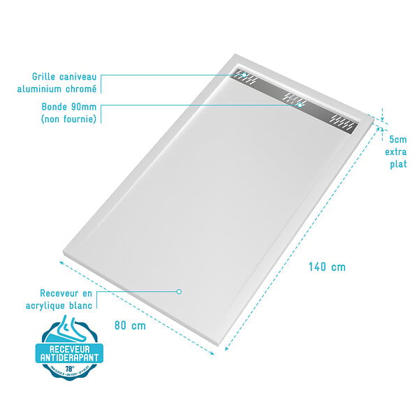 AURLANE - Receveur en acrylique Blanc 80x140x5 cm - Grille Linéaire Chrome - WHITENESS II - large
