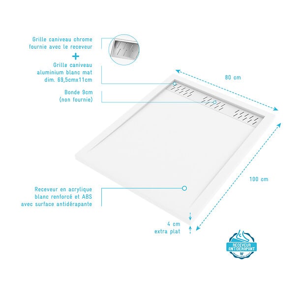 AURLANE - Receveur en acrylique Blanc 80x100x4 cm + Grilles Linéaires Chrome et Blanche Mate - large