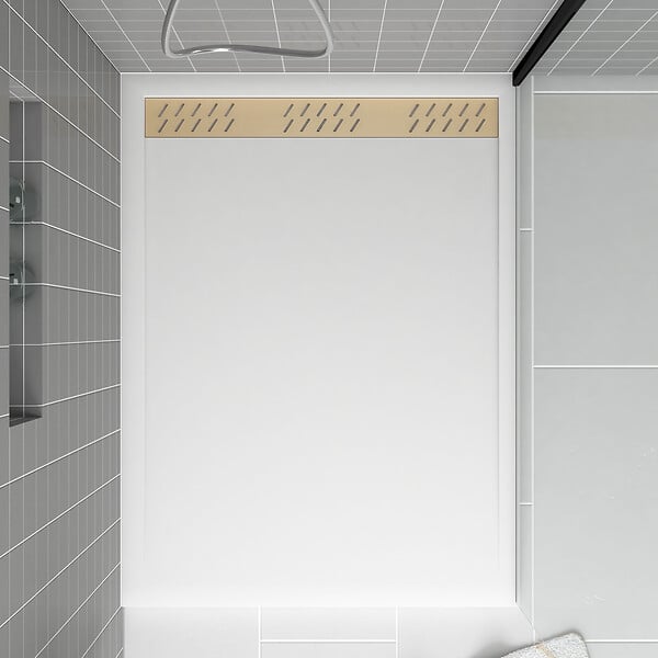 AURLANE - Receveur en acrylique Blanc 90x120x4 cm + Grilles Linéaires Chrome et Or Brossé - WHITENESS II - large