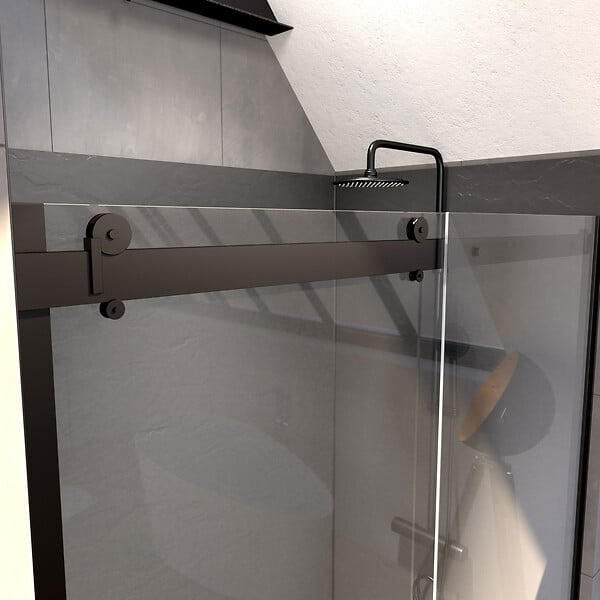 AURLANE - Porte de douche 140x200cm type industriel coulissante NOIR MAT - verre trempe 8mm - large