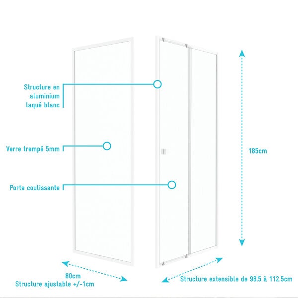 AURLANE - Pack porte de douche Coulissante blanc 100x185cm + retour 80 verre transparent 5mm - WHITY slide 100 - large