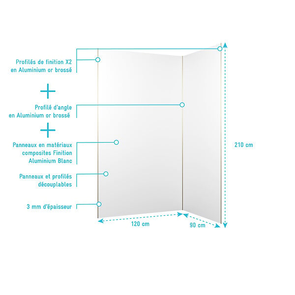 AURLANE - Pack 2 Panneaux Muraux en Aluminium Blanc 120+90x210 cm + Profilés Or Doré Brossé - large