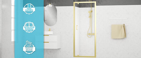 AURLANE - Porte de douche Pivotante 80x200cm - Profilés Or Doré Brossé - Verre Trempé 6mm - GOLDY CRUSH - large