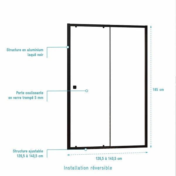 AURLANE - Porte de douche coulissante Noir 140x185cm - Extensible de 126.5 à 140.5 cm - BLACK SLIDE 120 - large