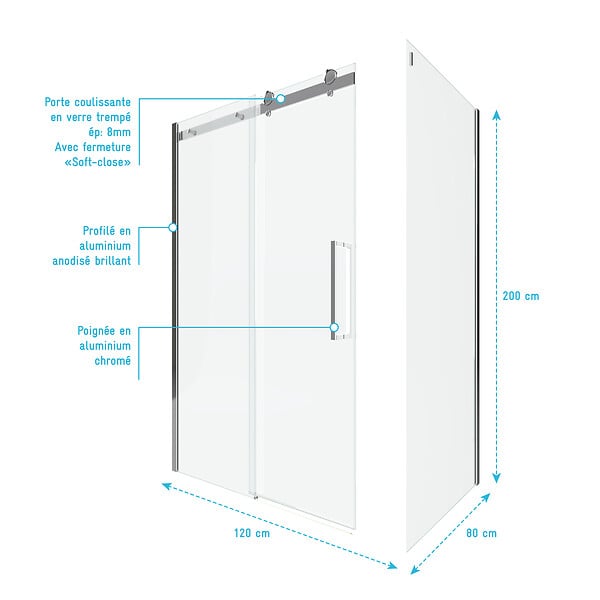 AURLANE - Porte de Douche Coulissante 120x200 cm + Retour 80x200 cm - Aluminium Chromé - Verre Trempé 8 mm - large