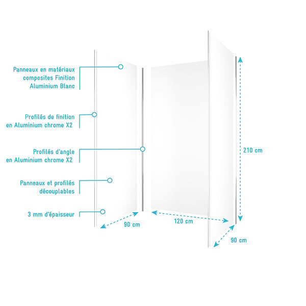AURLANE - Pack de 3 Panneaux Muraux Aluminium Blanc 90+120+90x210 cm avec Profilés Chrome- WALL'IT - large