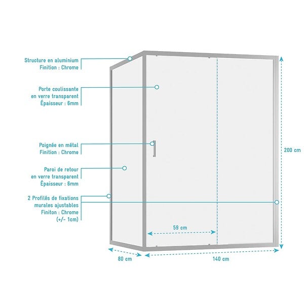 AURLANE - Porte de Douche Coulissante et Retour 140x80x200cm - Profilés Chrome - Verre trempé 6mm - large