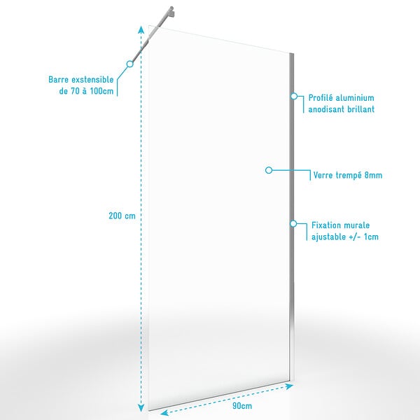 AURLANE - Paroi de Douche 80x200cm Verre Transparent - Barre de Fixation Extensible et Profil Chrome - large