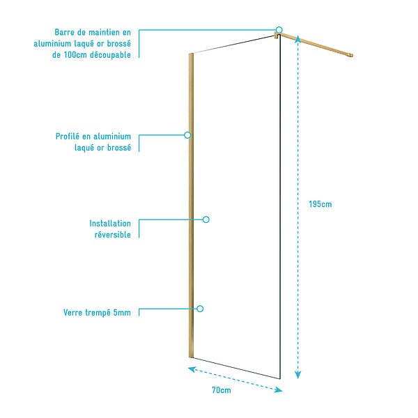 AURLANE - Paroi de Douche 70x195 cm en Verre Trempé 5 mm - Finition Or Brossé - GOLD ELEMENTARY - large