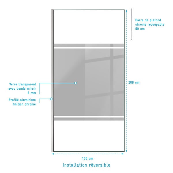AURLANE - Paroi de Douche 100x200cm Miroir - Profilé + Barre Plafond Finition Chrome - FREEDOM 2 MIRROR - large