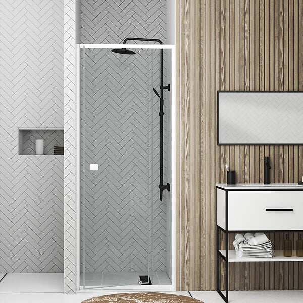 AURLANE - Porte de douche pivotante ajustable de 78 à 90cm en Alu. Blanc et verre transparent - WHITY PIVOT - large