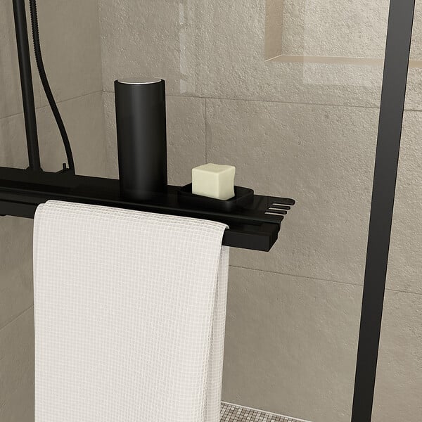 AURLANE - Paroi de Douche Noir Mat 90x200cm - Porte-serviette et étagère - DARK CONTOURING SHELF - large