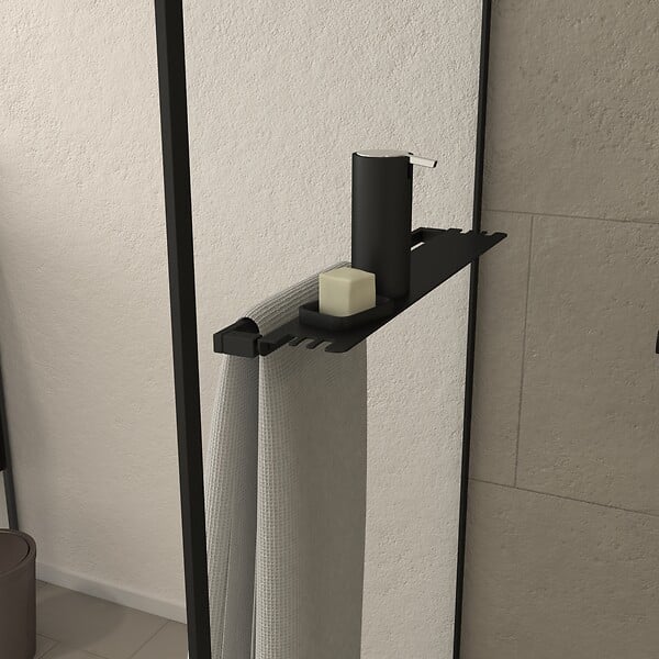 AURLANE - Paroi de Douche Noir Mat 90x200cm - Porte-serviette et étagère - DARK CONTOURING SHELF - large