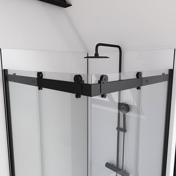 AURLANE - Porte de douche coulissante type industriel ouverture d'angle profiles noir mat - verre trempe 8mm - large