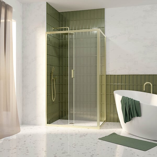 AURLANE - Pack Porte de Douche Coulissante 120x200cm et Retour 80cm - Profilés Or Doré Brossé - Verre 6mm - large