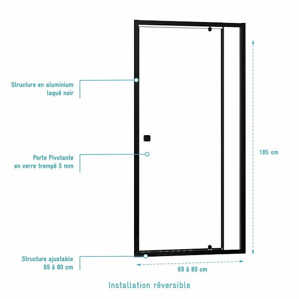 AURLANE - Porte de douche Pivotante Noir 70-80x185cm - Extensible de 69 à 80 cm - BLACK SLIDE 70 80 - large