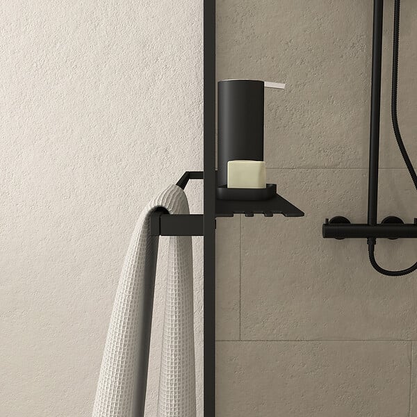 AURLANE - Paroi de Douche Noir Mat 140x200cm - Porte-serviette et étagère - DARK CONTOURING SHELF - large