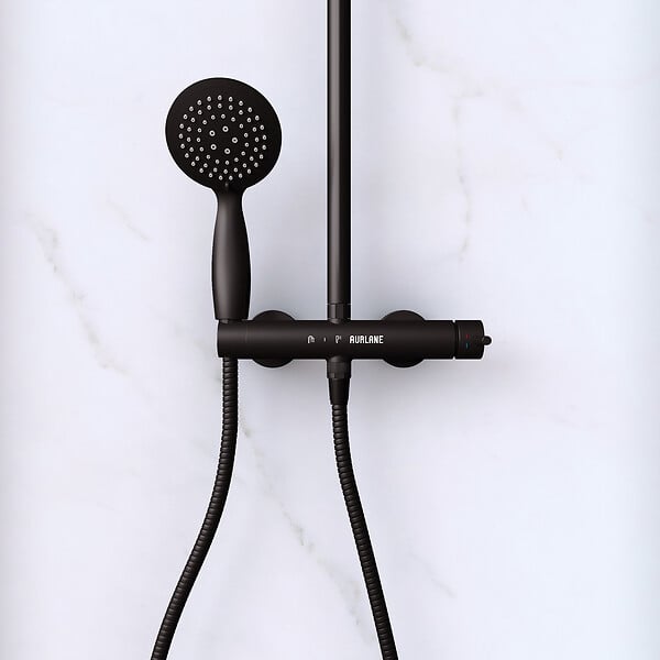AURLANE - Paroi de Douche 120 cm Sérigraphie Noire et Receveur Blanc 80x120 + Colonne de Douche Mécanique - large