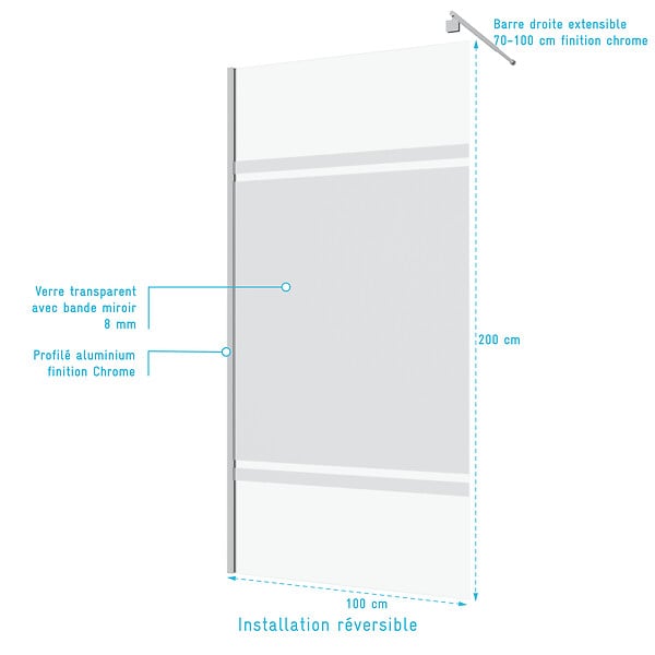 AURLANE - Paroi de Douche 100x200cm - Bande Miroir - Barre de Fixation Extensible et Profil Chrome - large