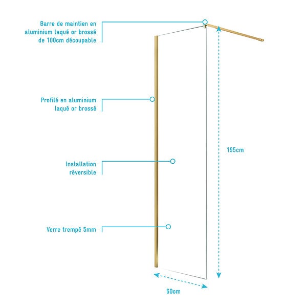 AURLANE - Paroi de Douche 60x195 cm en Verre Trempé 5 mm - Finition Or Brossé - GOLD ELEMENTARY - large