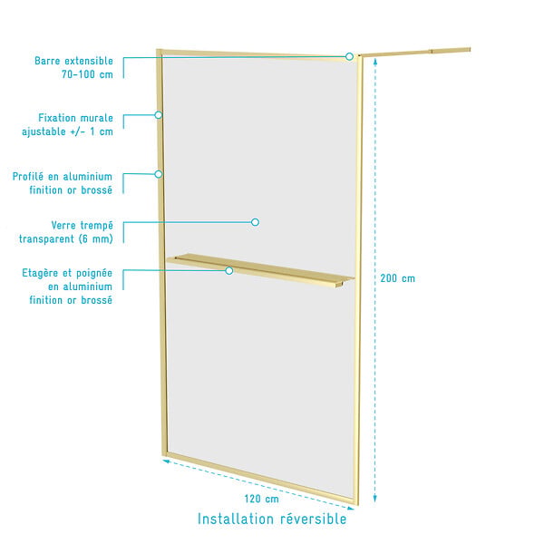 AURLANE - Paroi de Douche Or Doré Brossé 120x200cm - Porte-Serviette et Etagère - large