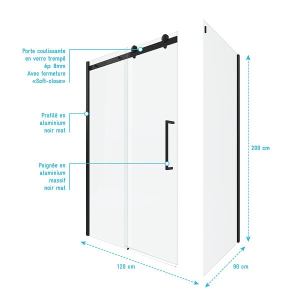 AURLANE - Porte de douche coulissante 120x200 cm noir mat - rail soft close + RETOUR 90 cm - large