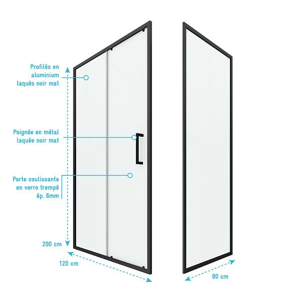 AURLANE - Porte de douche + Retour 120x80x200 cm - Verre 6 mm - Profilé Noir - CRUSH - large