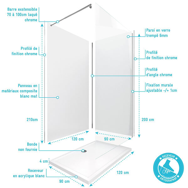 AURLANE - Pack douche à l'Italienne 90x120 - Kit Panneaux muraux Blanc/Chrome + receveur + Paroi 6 mm - large