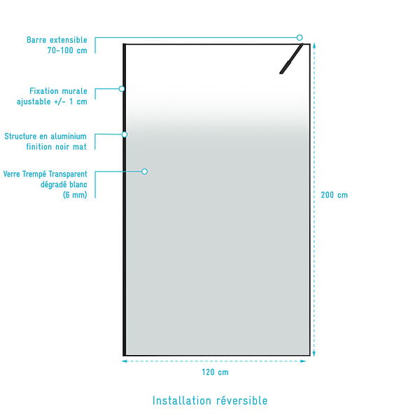 AURLANE - Paroi de douche 120x200cm - Verre degrade blanc effet brume - Encadrement noir mat - NEPHELIE - large